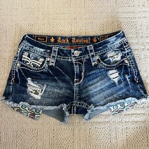 Rock Revival Blue Distressed Jean Shorts with Frayed Hem